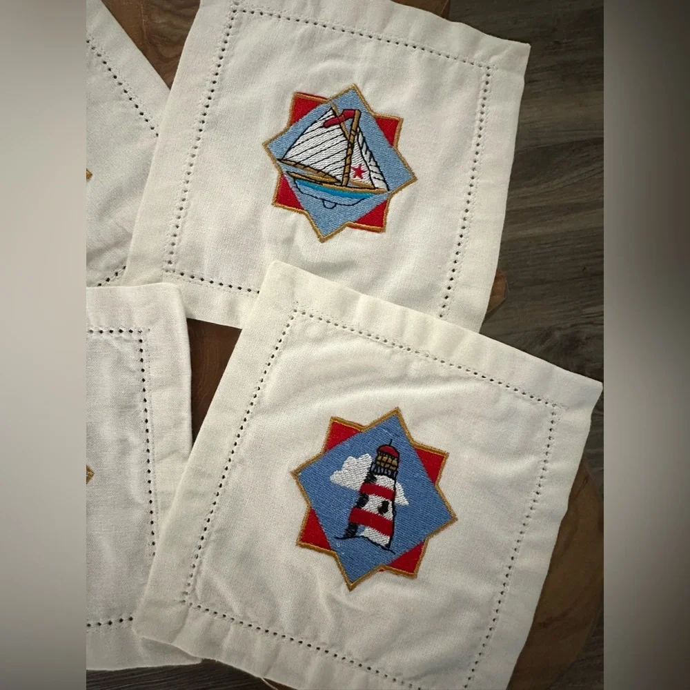 Vintage Embroidered Cocktail Napkins NEW Nautical Sailing Boats Retro MCM‎ Ocean